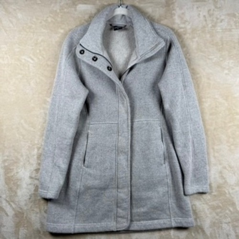 KUHL Highland Fleece Long Jacket Womens M Heather Beige Full Zip Snap Neck Coat